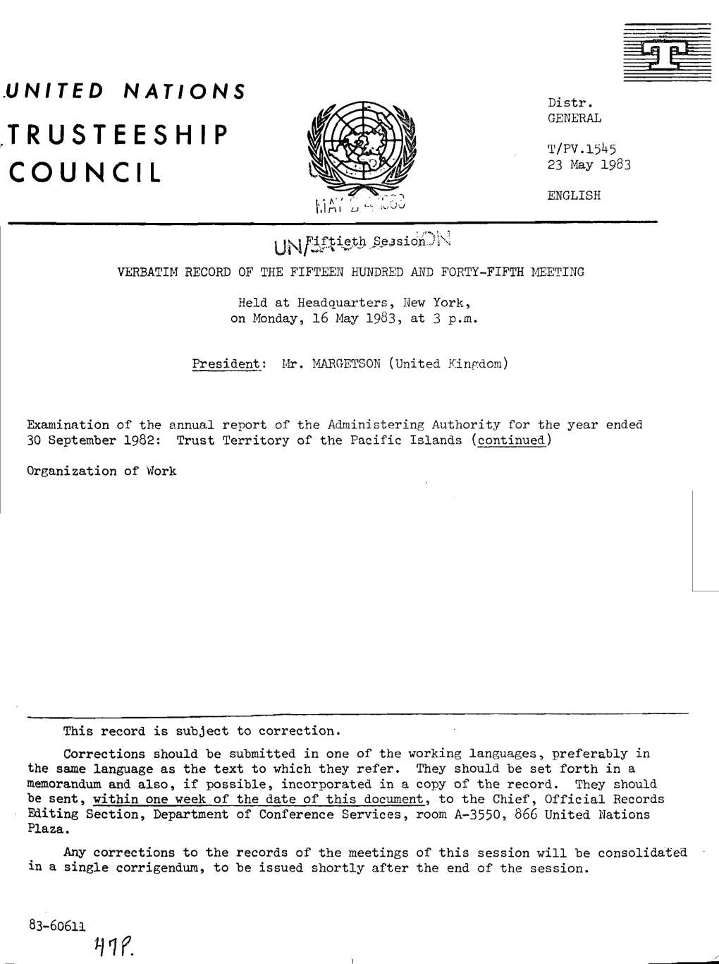 TRUSTEESHIP T/PV.1545 COUNCIL 23 May 1983 ENGLISH