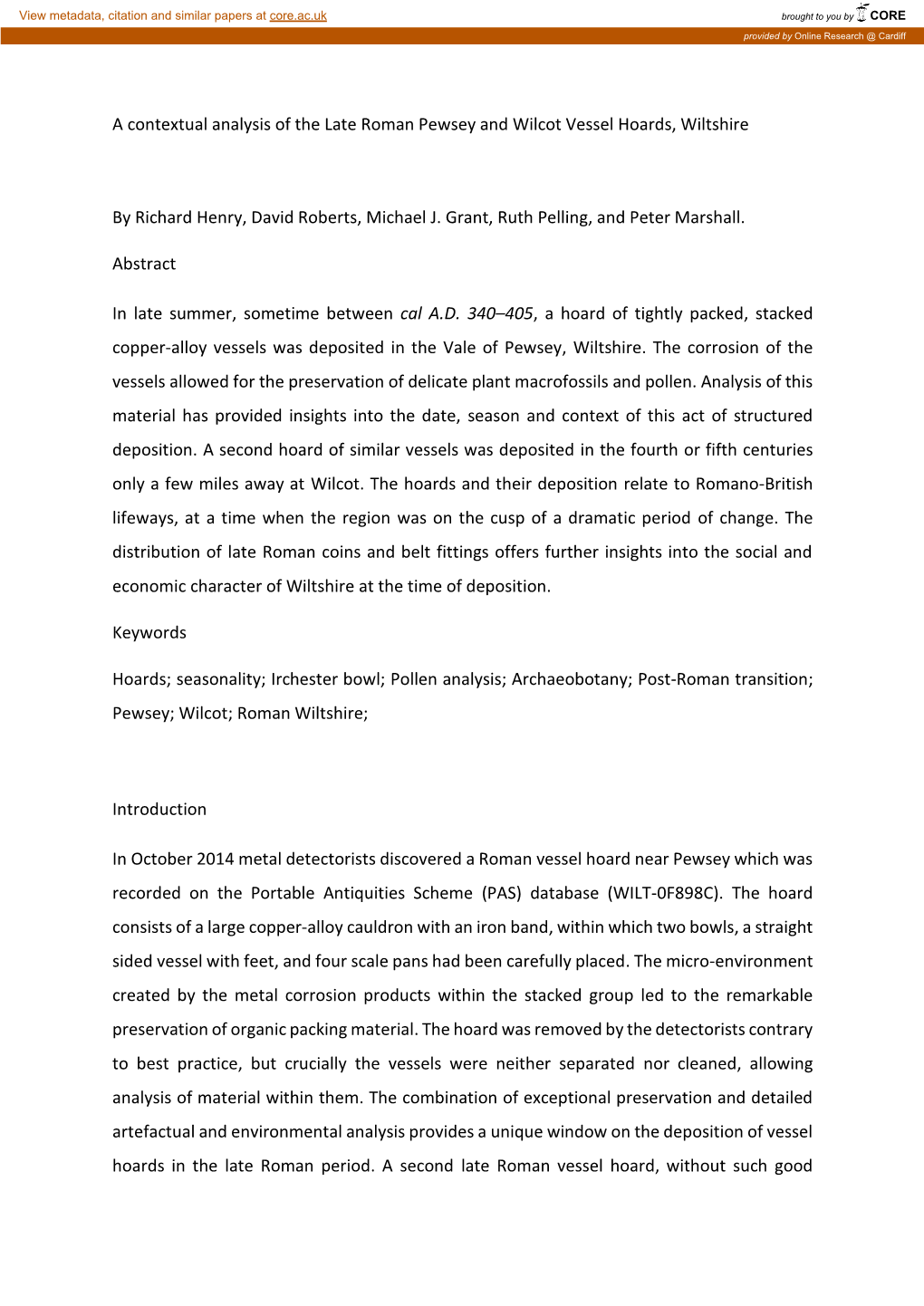 A Contextual Analysis of the Late Roman Pewsey and Wilcot Vessel Hoards, Wiltshire