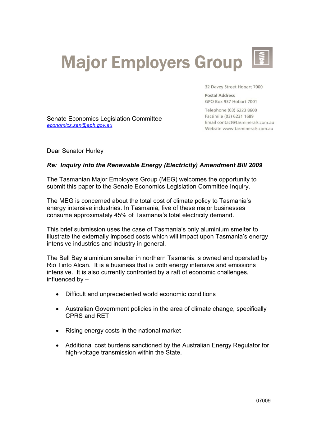 Submission: Inquiry Into the Renewable Energy (Electricity) Amendment Bill 2009 and a Related Bill