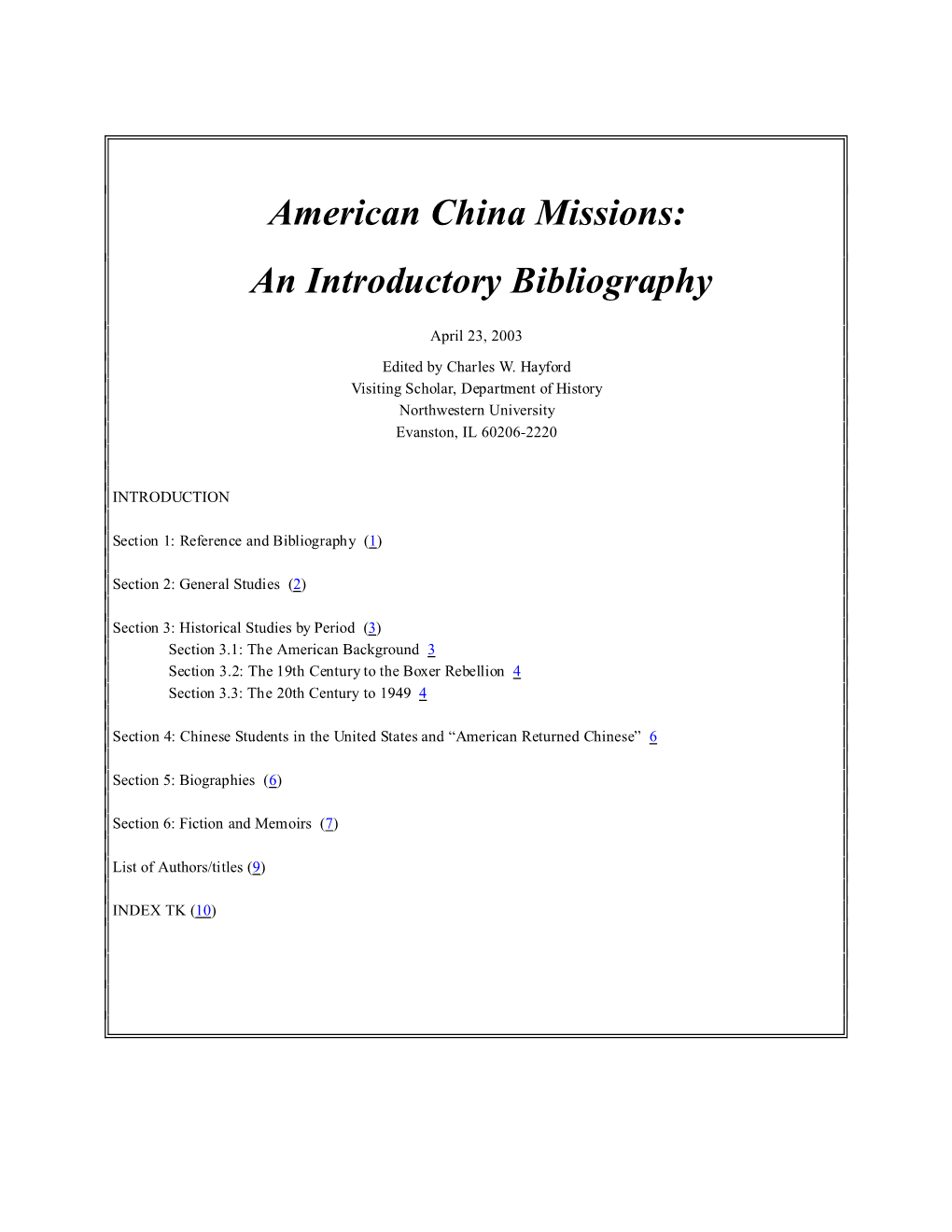 American China Missions: an Introductory Bibliography