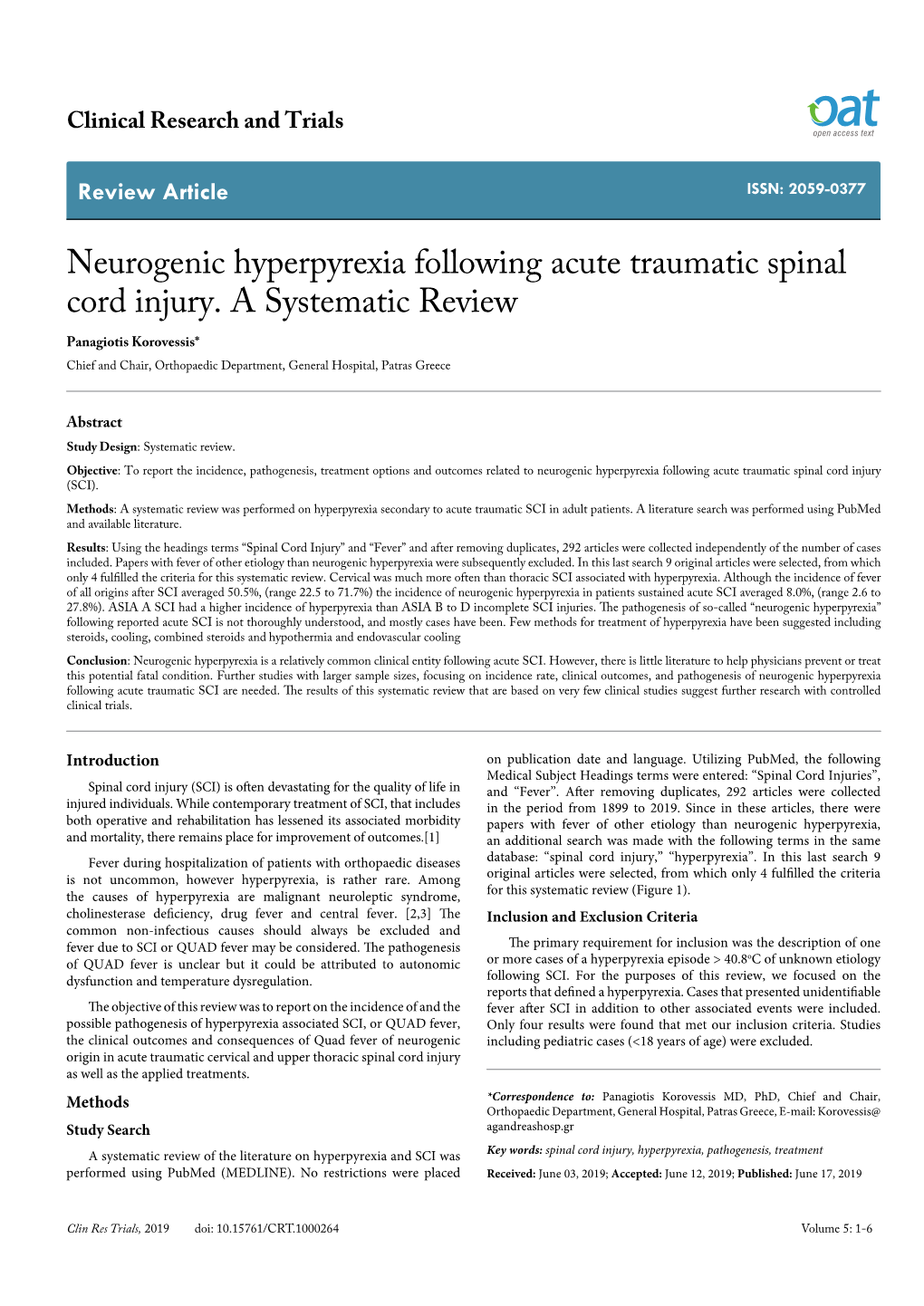 Neurogenic Hyperpyrexia Following Acute Traumatic Spinal Cord Injury. A