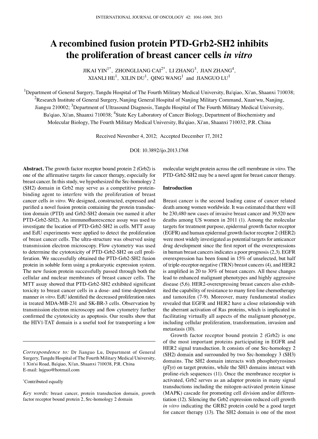 A Recombined Fusion Protein PTD-Grb2-SH2 Inhibits the Proliferation of Breast Cancer Cells in Vitro