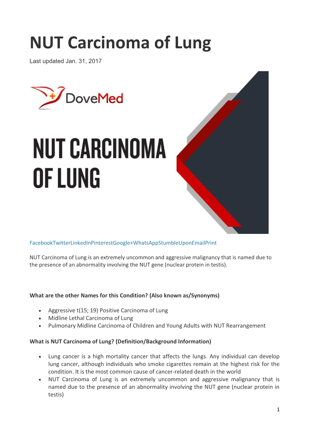 NUT Carcinoma of Lung Last Updated Jan
