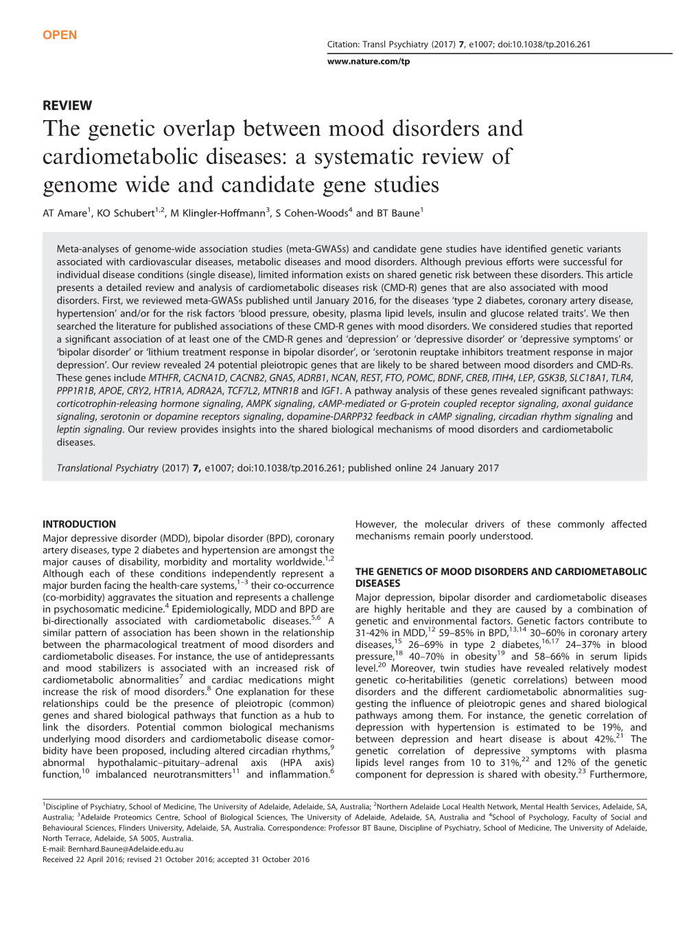 The Genetic Overlap Between Mood Disorders and Cardiometabolic Diseases: a Systematic Review of Genome Wide and Candidate Gene Studies