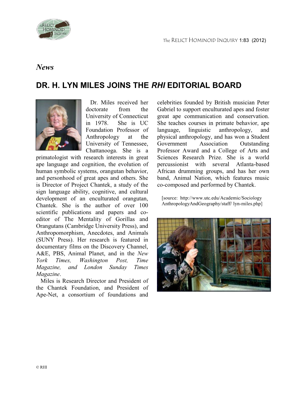 Dr. H. Lyn Miles Joins the RHI Editorial Board 1:83 (2012)