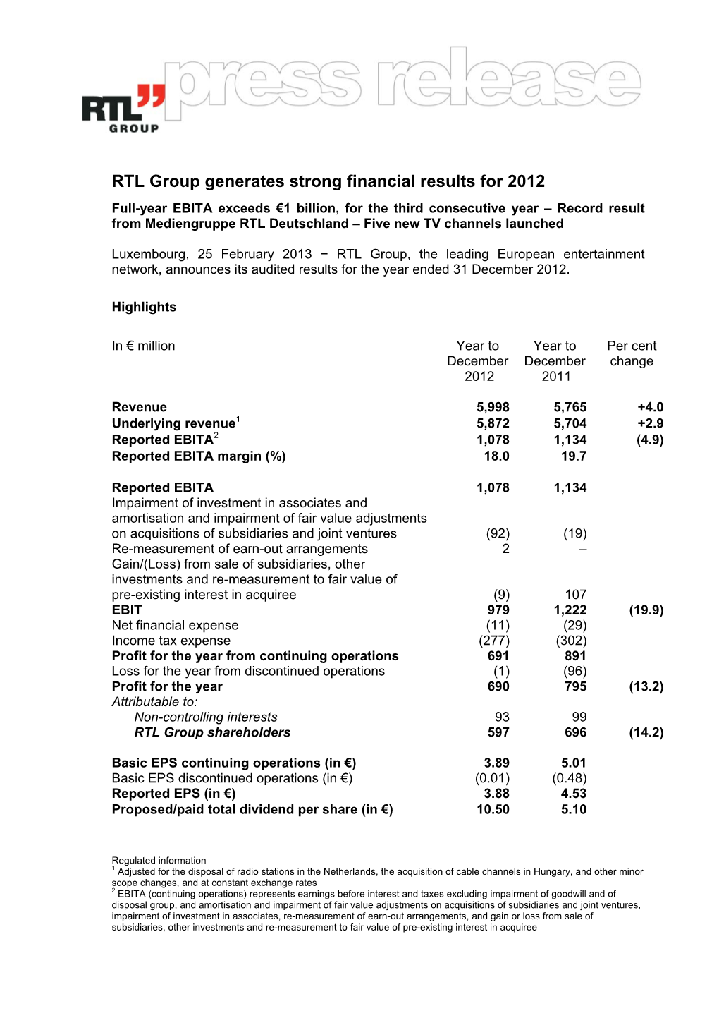 RTL Group Generates Strong Financial Results for 2012