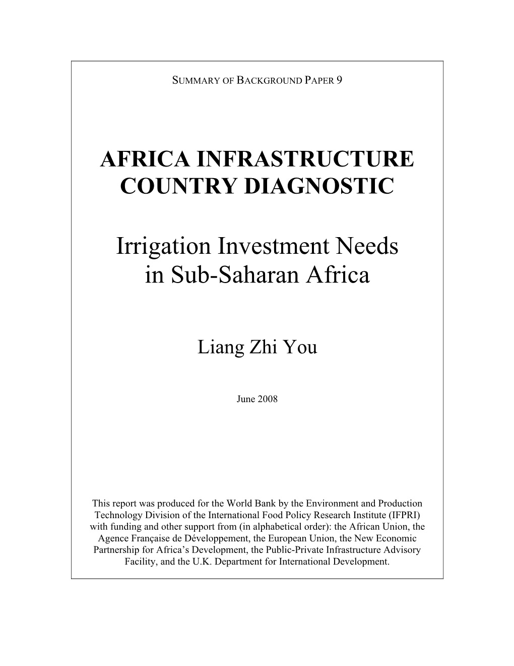 Irrigation Investment Needs in Sub-Saharan Africa