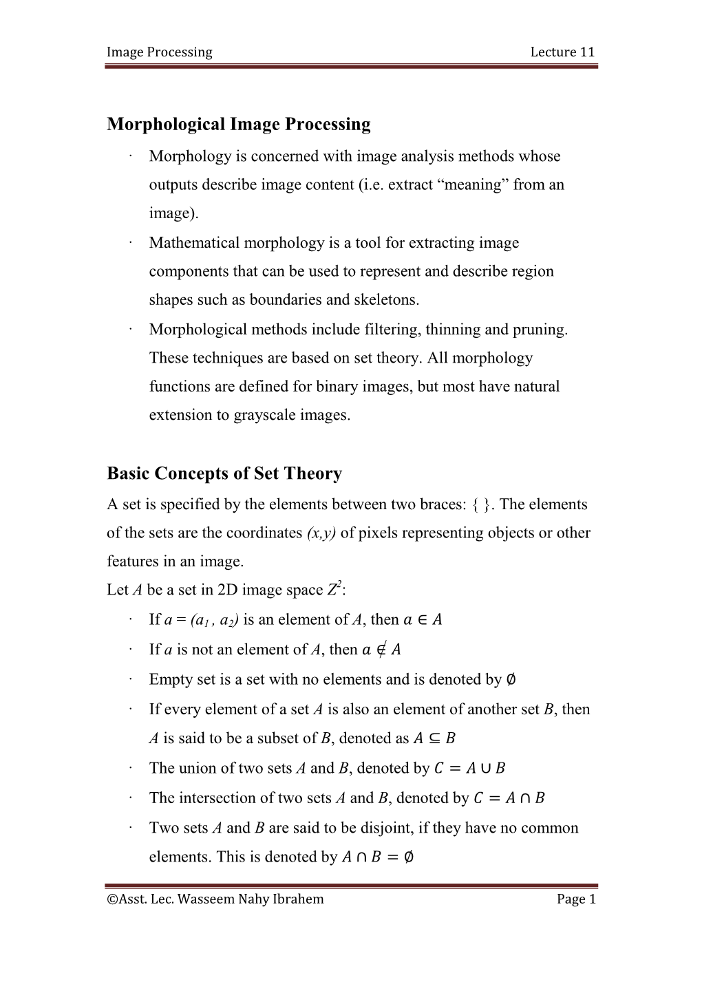 Morphological Image Processing Basic Concepts of Set Theory