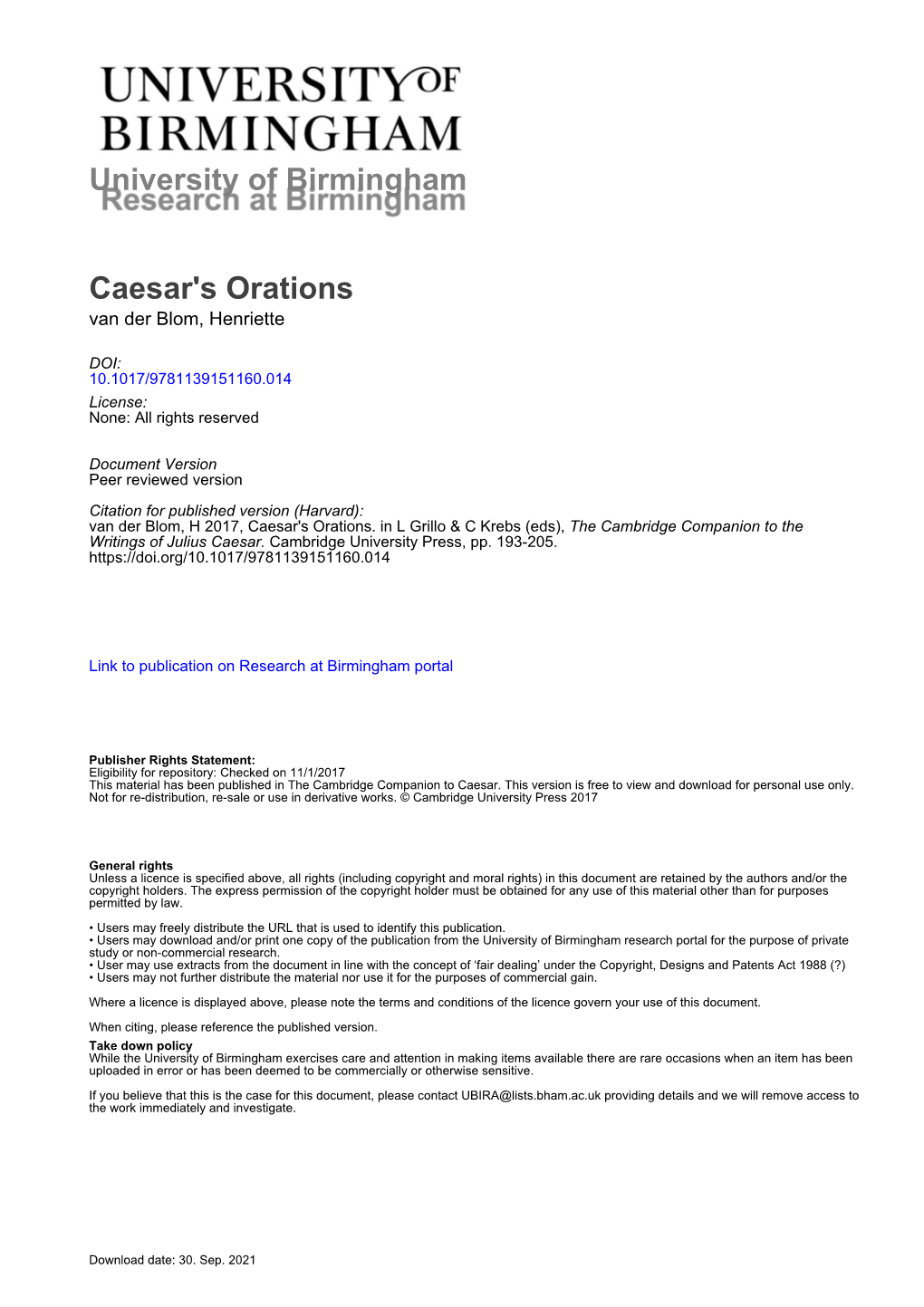 University of Birmingham Caesar's Orations