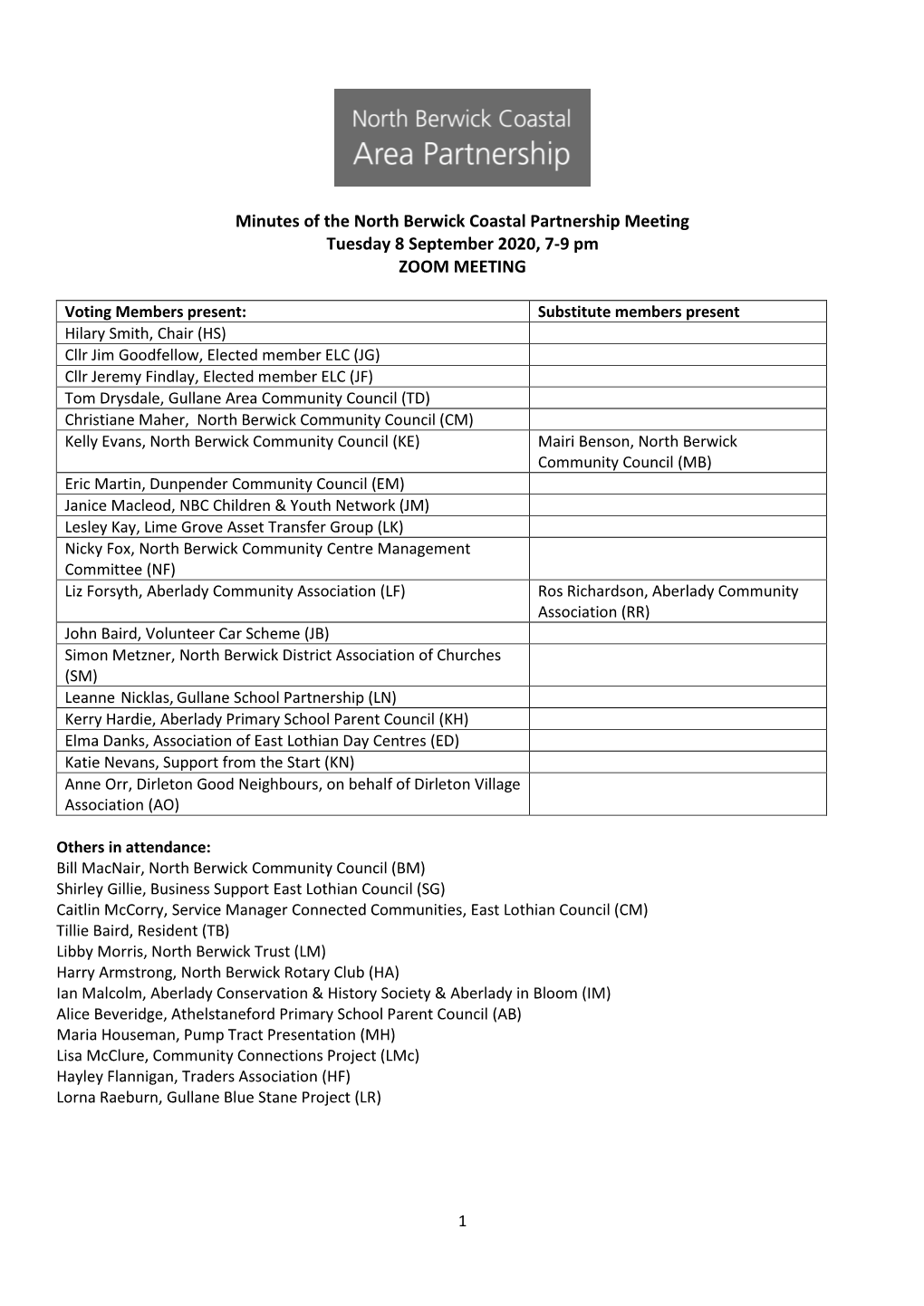 Minutes of the North Berwick Coastal Partnership Meeting Tuesday 8 September 2020, 7-9 Pm ZOOM MEETING