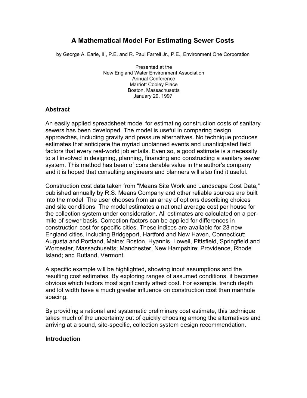 A Mathematical Model for Estimating Sewer Costs