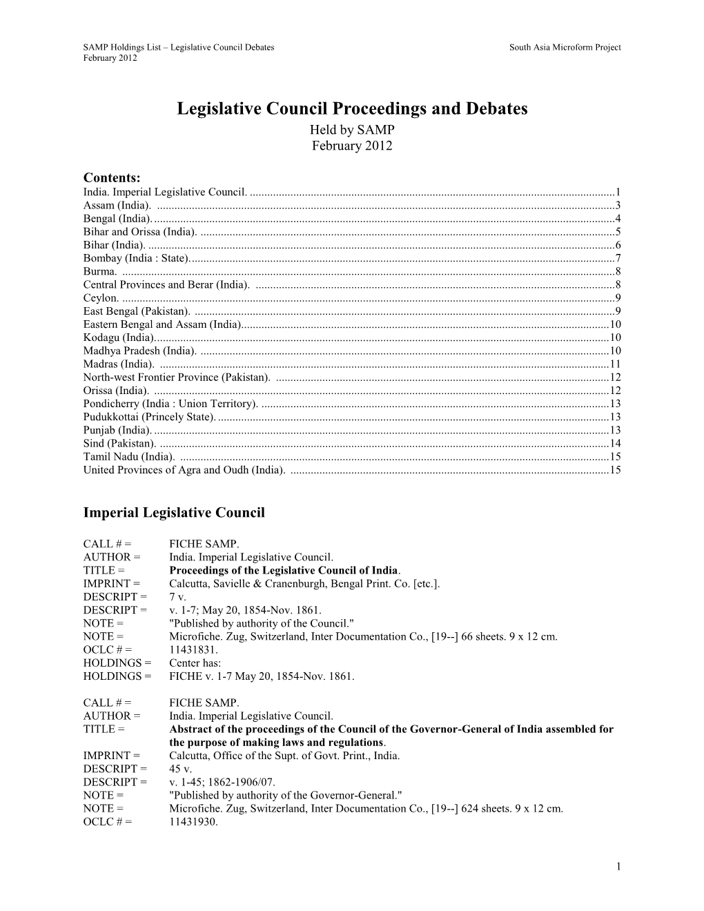 SAMP Holdings of Legislative Council Debates