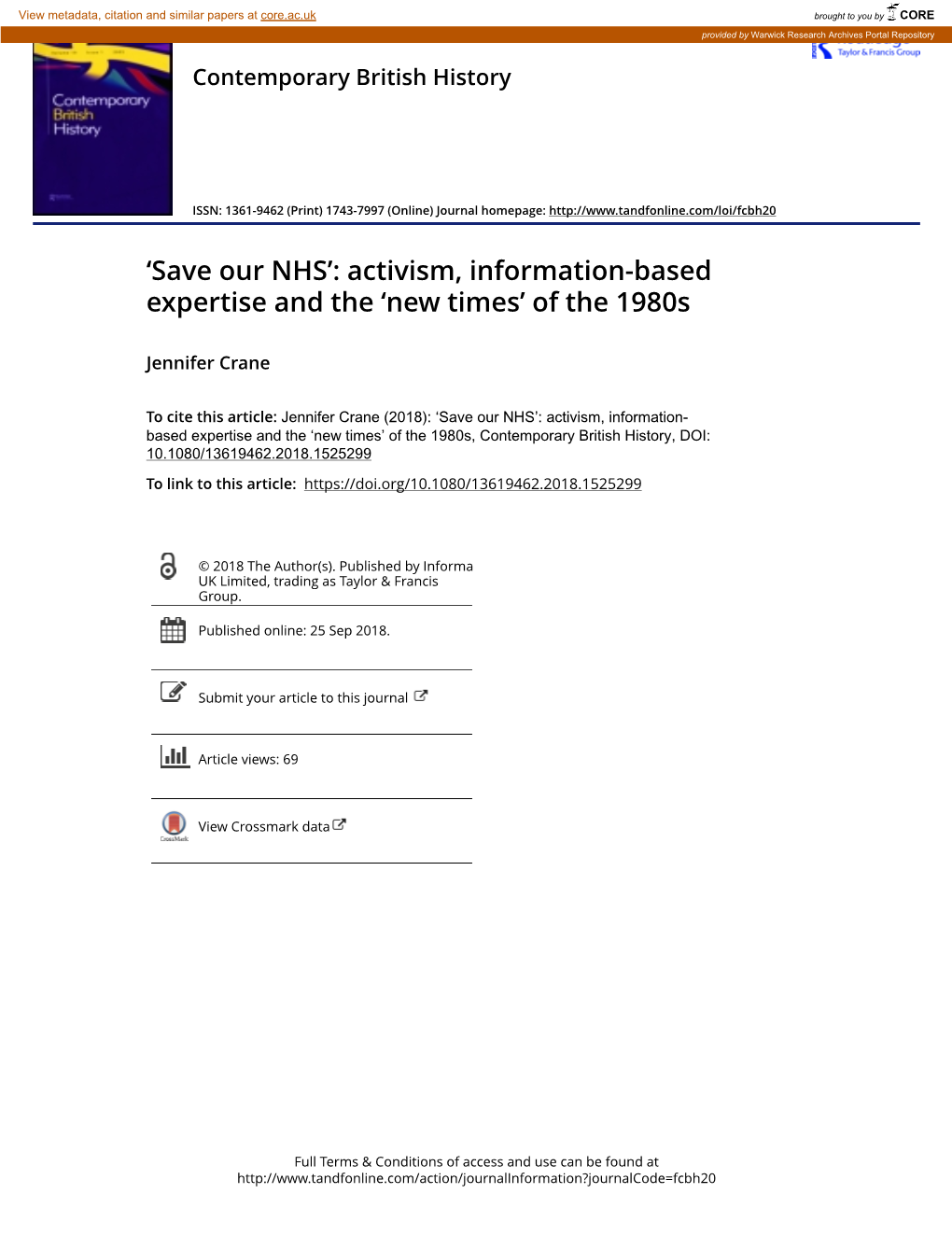 Save Our NHS’: Activism, Information-Based Expertise and the ‘New Times’ of the 1980S