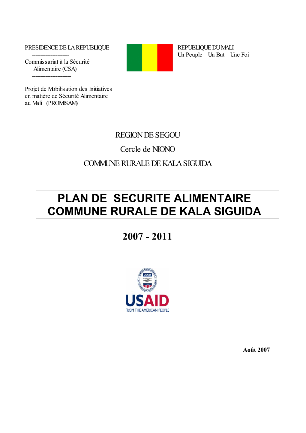 Plan De Securite Alimentaire Commune Rurale De Kala Siguida
