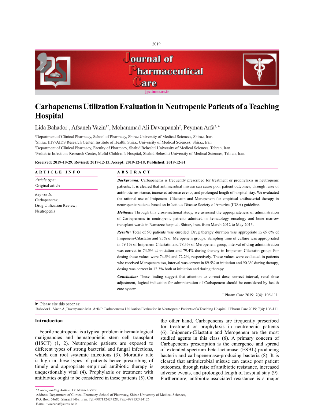 Carbapenems Utilization Evaluation in Neutropenic Patients of A