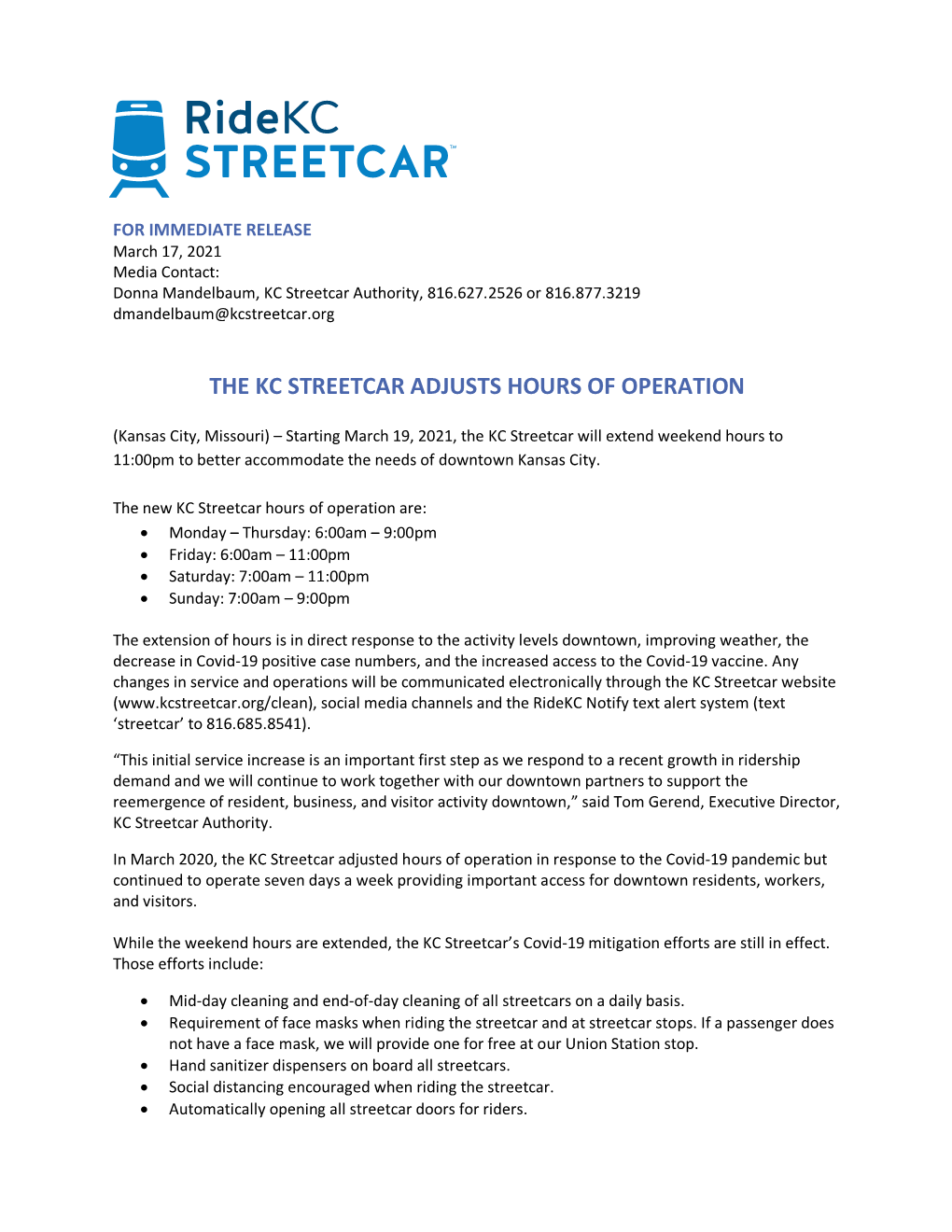The Kc Streetcar Adjusts Hours of Operation