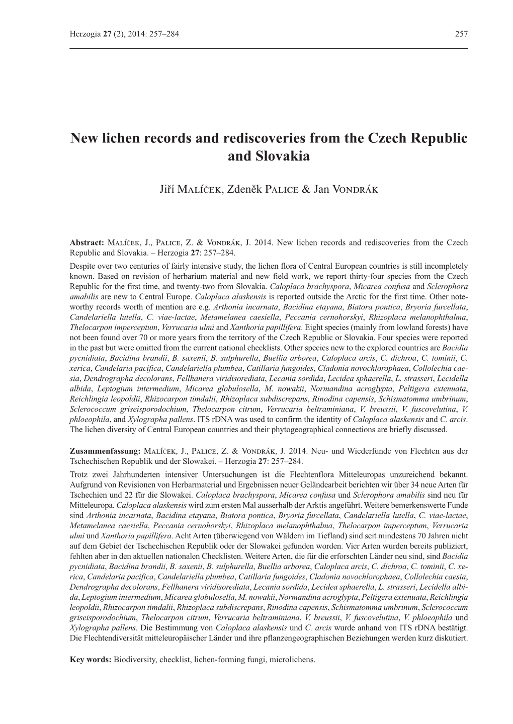 New Lichen Records and Rediscoveries from the Czech Republic and Slovakia