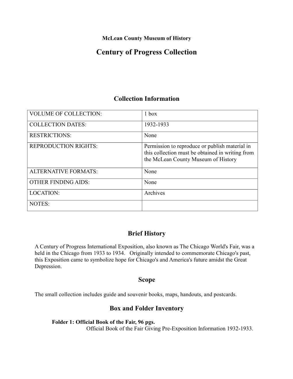 Century of Progress Collection