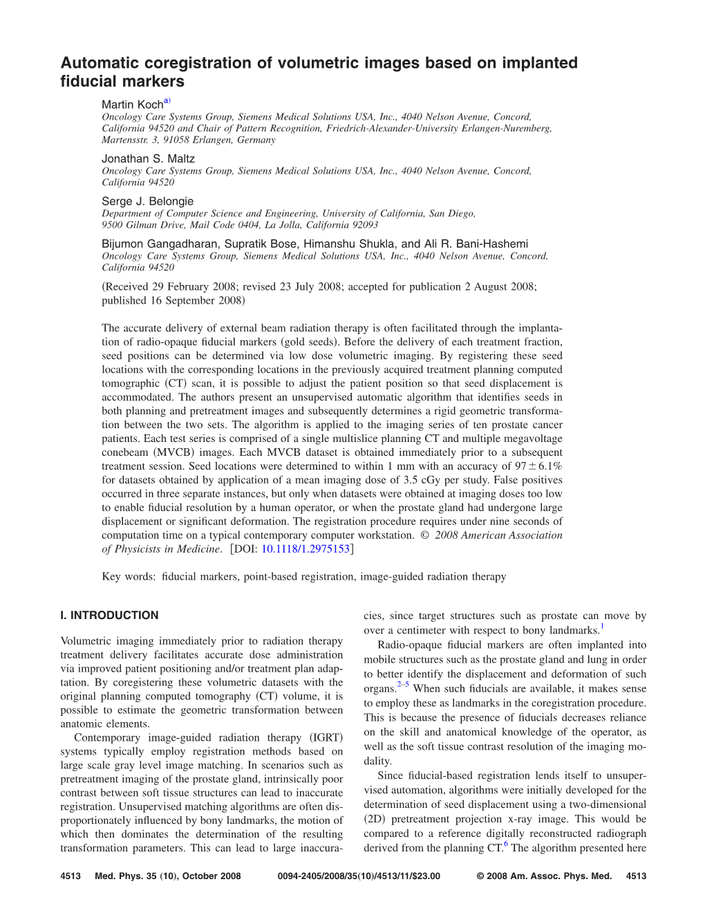 Automatic Coregistration of Volumetric Images Based on Implanted Fiducial