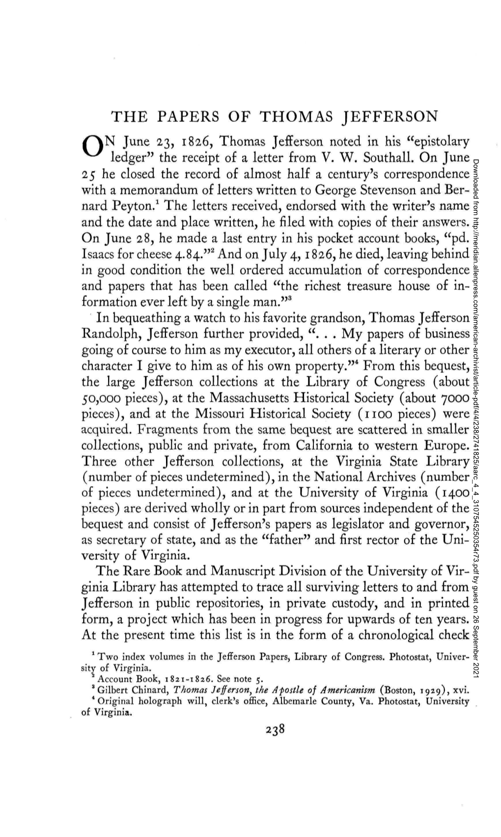 THE PAPERS of THOMAS JEFFERSON N June 23, 1826, Thomas Jefferson Noted in His "Epistolary