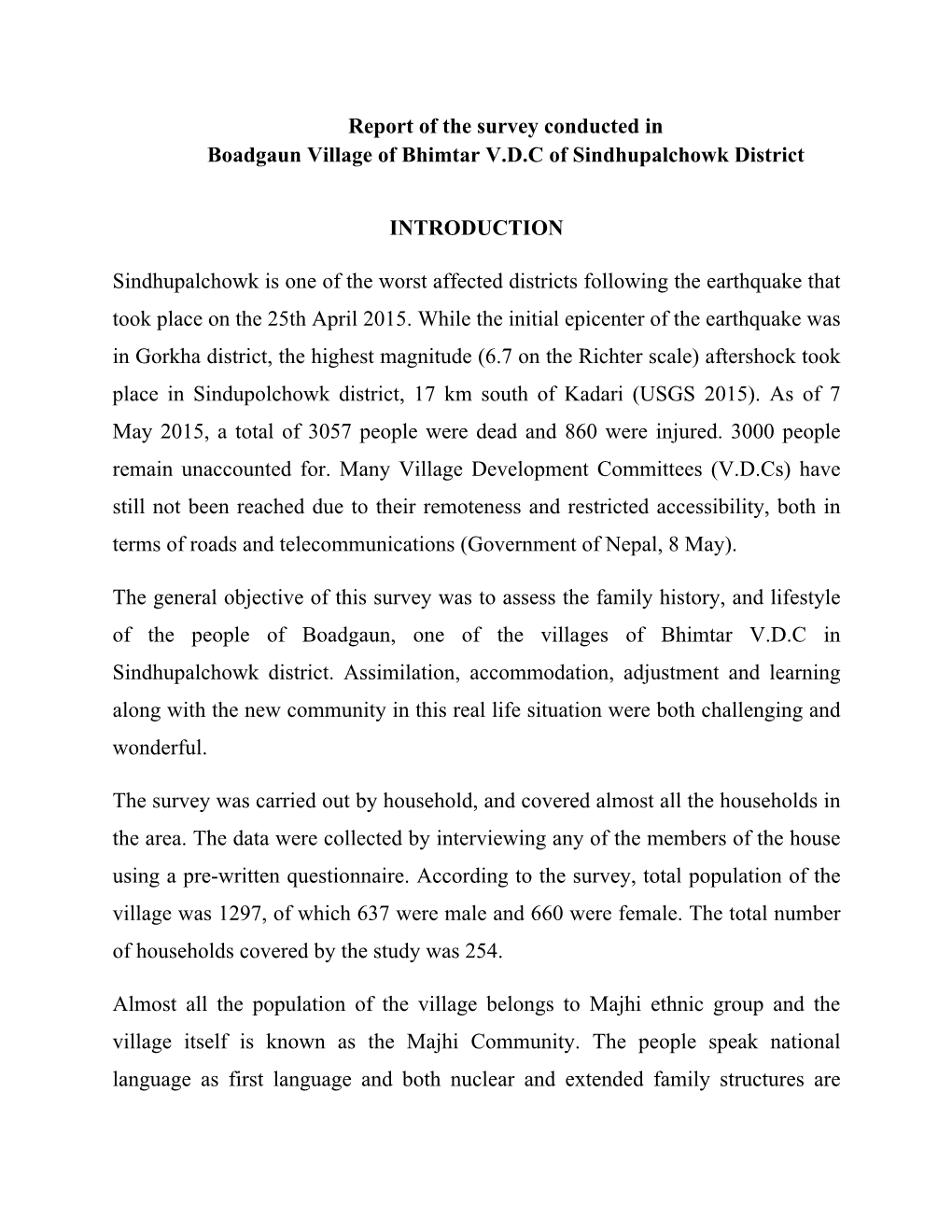 Report of the Survey Conducted in Boadgaun Village of Bhimtar V.D.C of Sindhupalchowk District