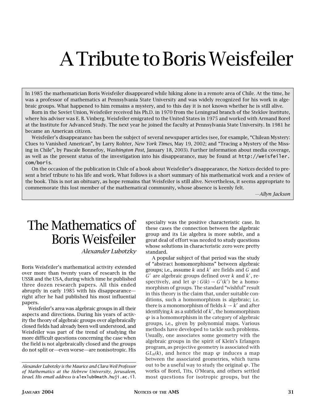 A Tribute to Boris Weisfeiler