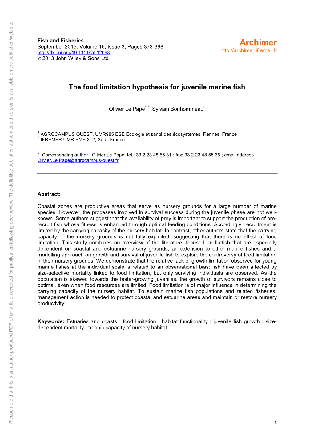 The Food Limitation Hypothesis for Juvenile Marine Fish Marine Juvenile for Hypothesis Limitation the Food 10.1111/Faf.12063