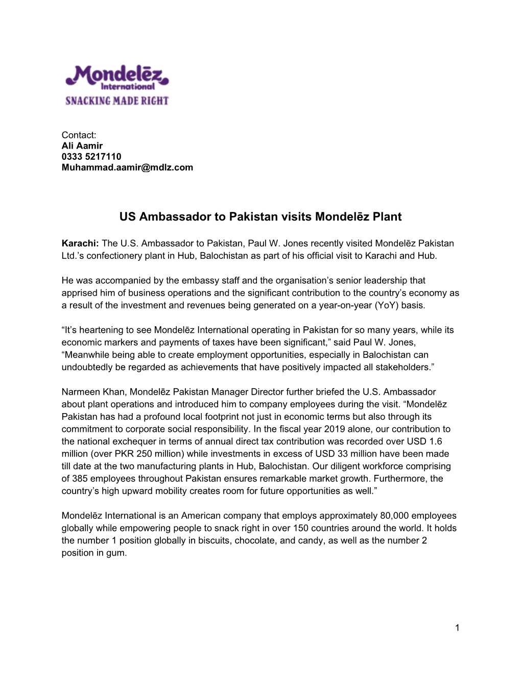 US Ambassador to Pakistan Visits Mondelēz Plant