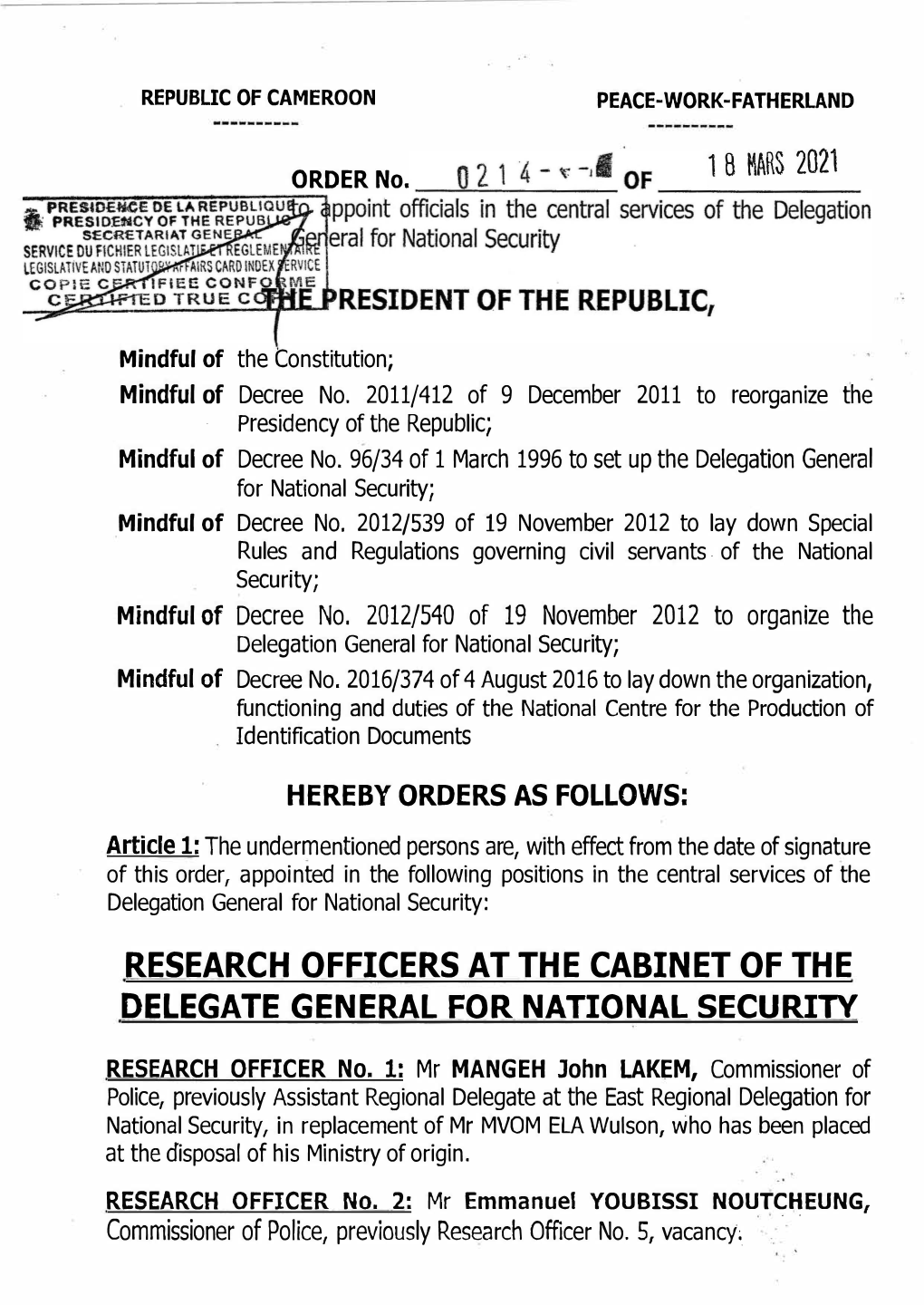 Delegate General for National Security