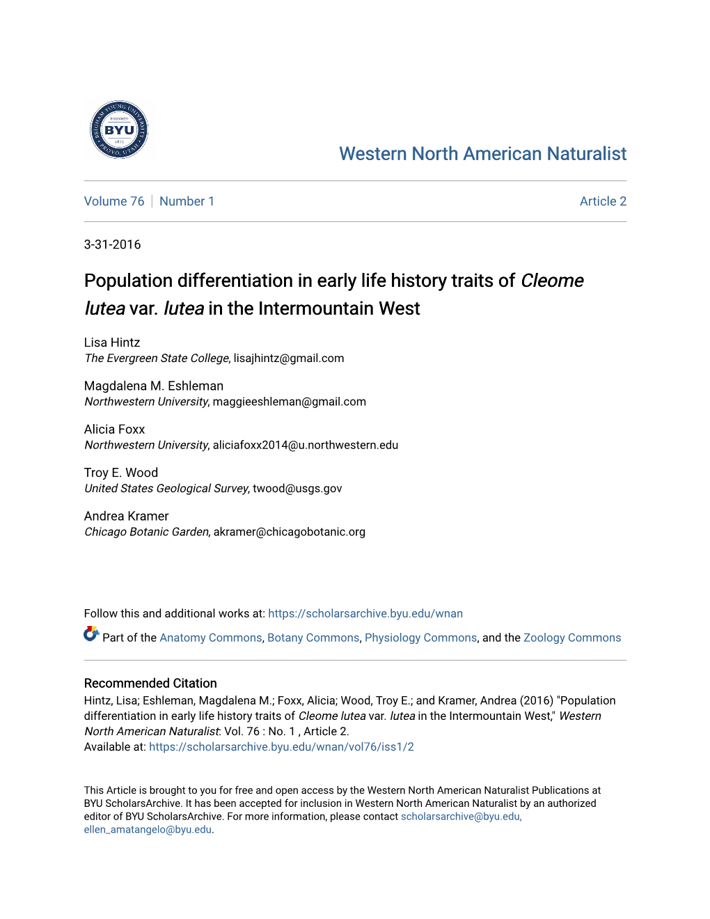 Population Differentiation in Early Life History Traits of Cleome Lutea Var