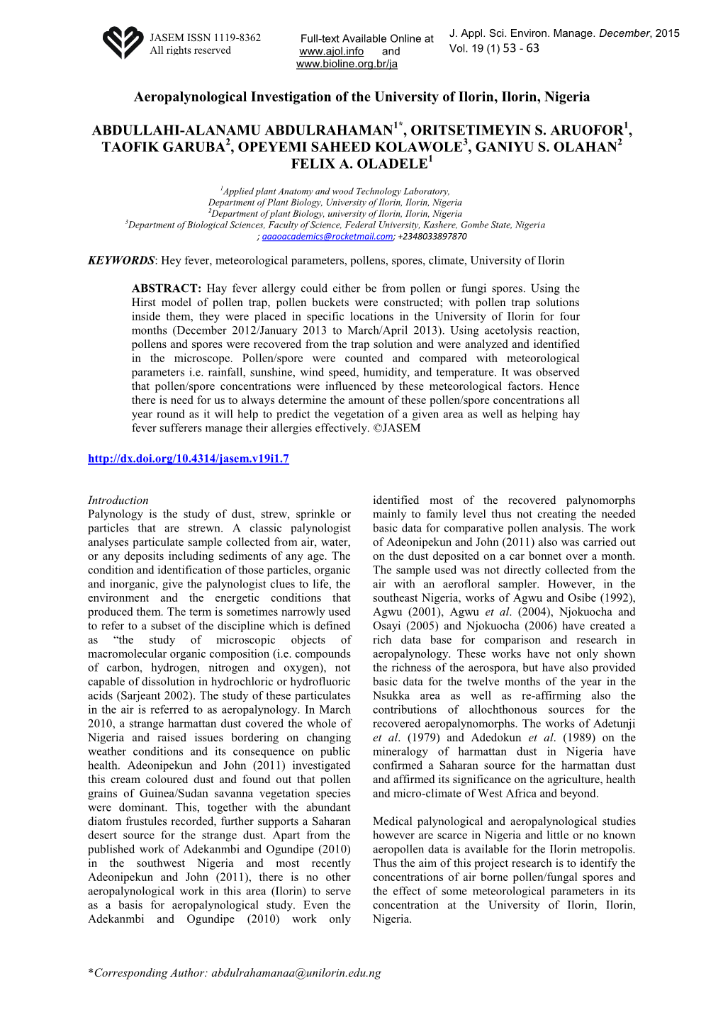 Aeropalynological Investigation of the University of Ilorin, Ilorin, Nigeria