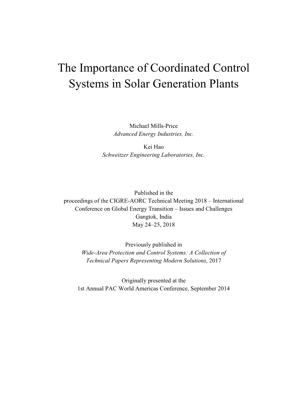 The Importance of Coordinated Control Systems in Solar Generation Plants