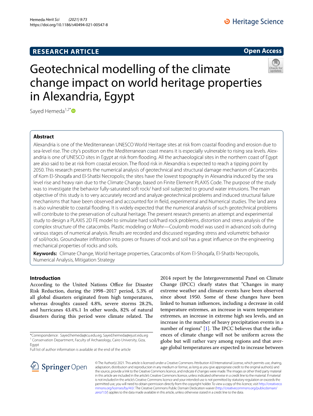 Geotechnical Modelling of the Climate Change Impact on World Heritage Properties in Alexandria, Egypt Sayed Hemeda1,2*