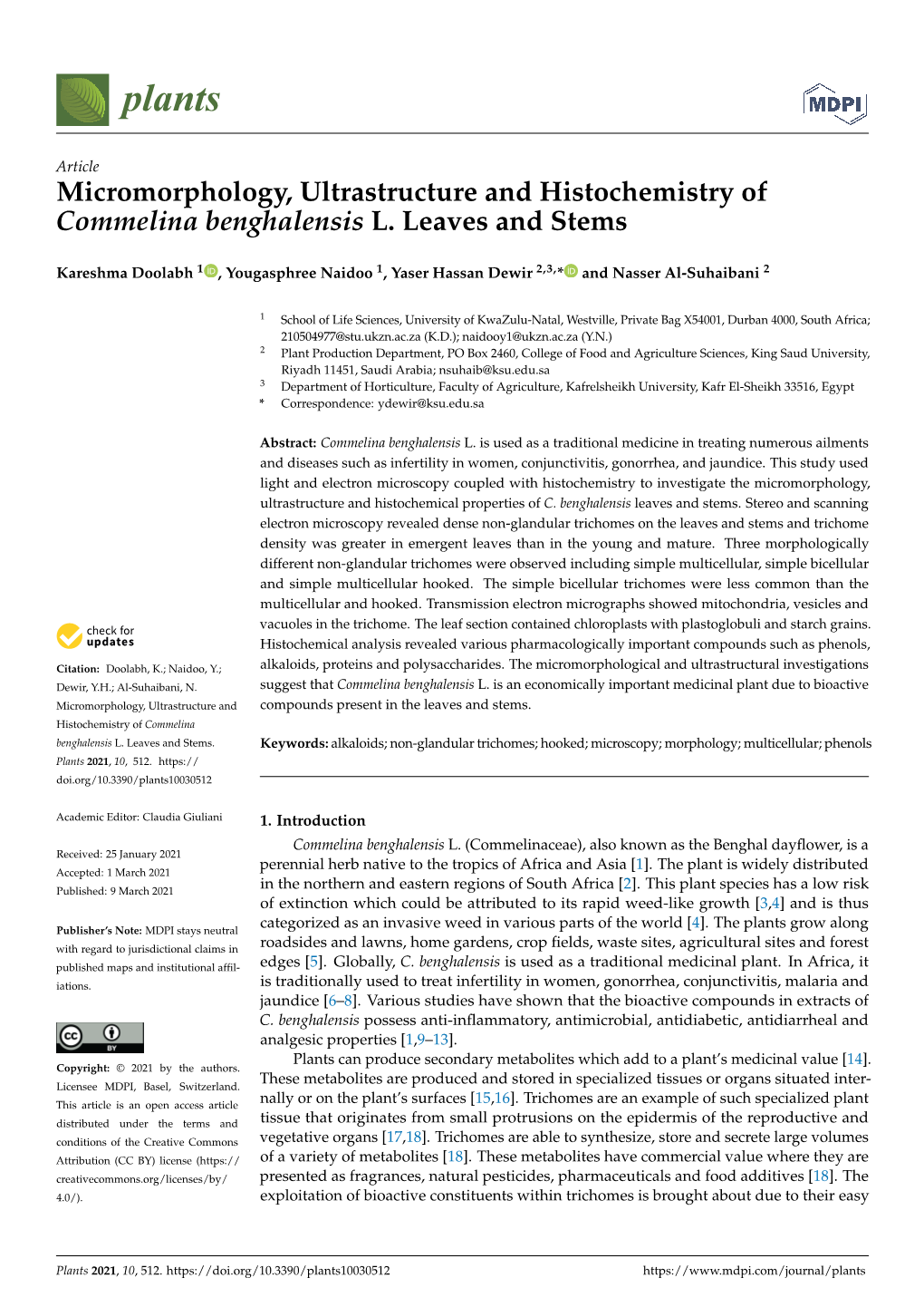 Micromorphology, Ultrastructure and Histochemistry of Commelina Benghalensis L. Leaves and Stems