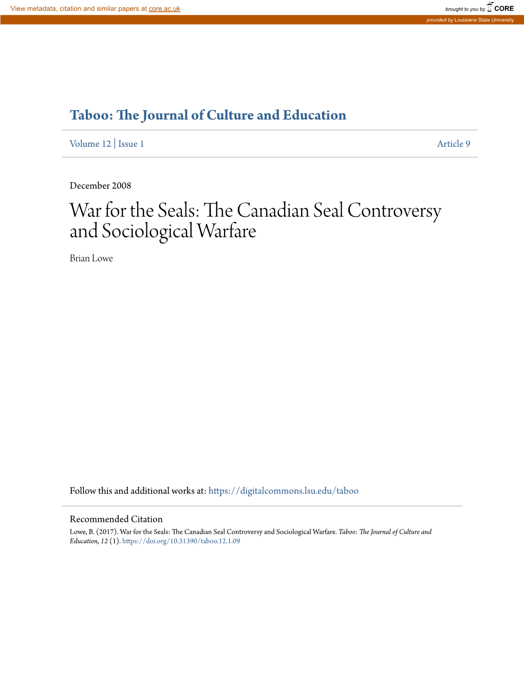 War for the Seals: the Canadian Seal Controversy and Sociological Warfare