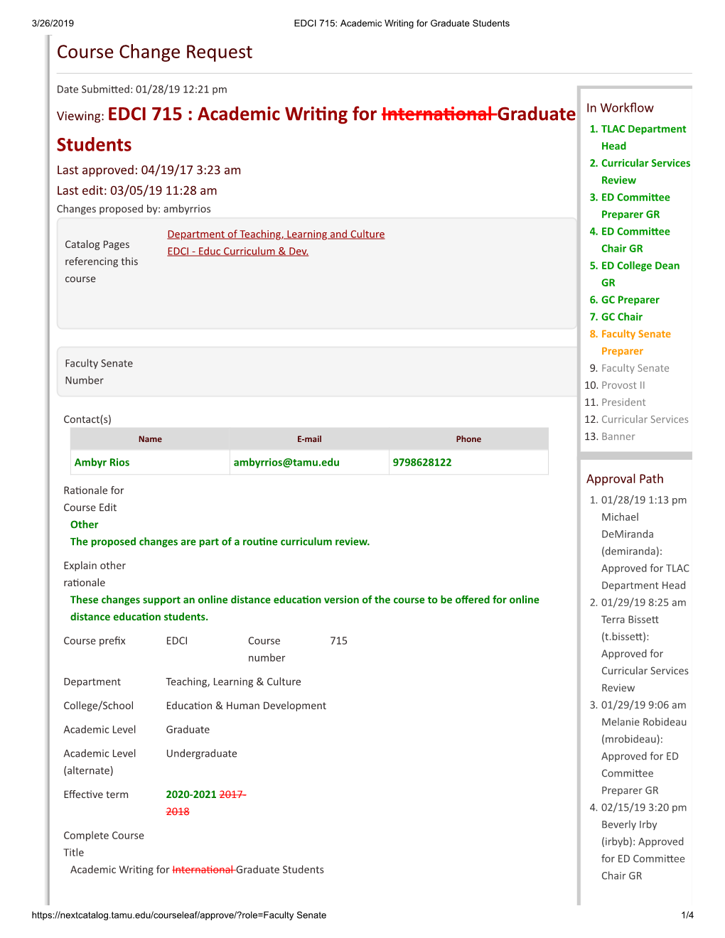 Course Change Request Viewing: EDCI 715