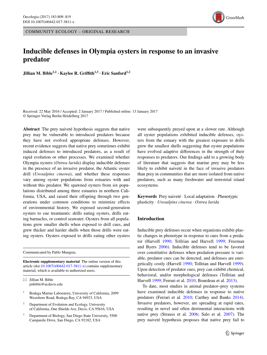 Inducible Defenses in Olympia Oysters in Response to an Invasive Predator