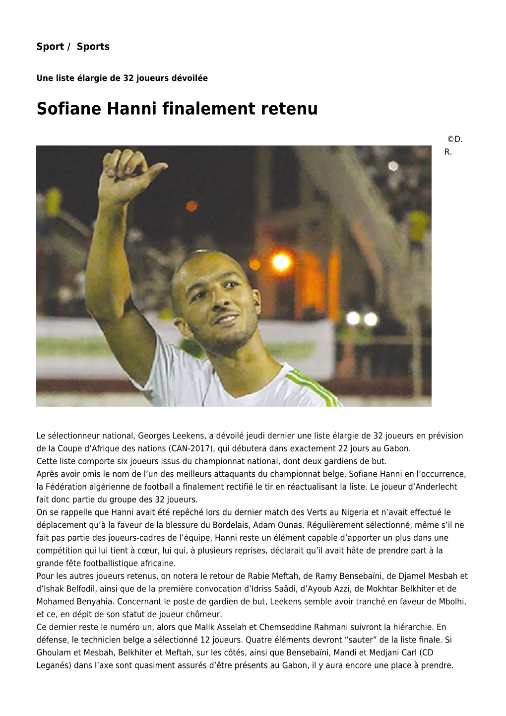 Sofiane Hanni Finalement Retenu