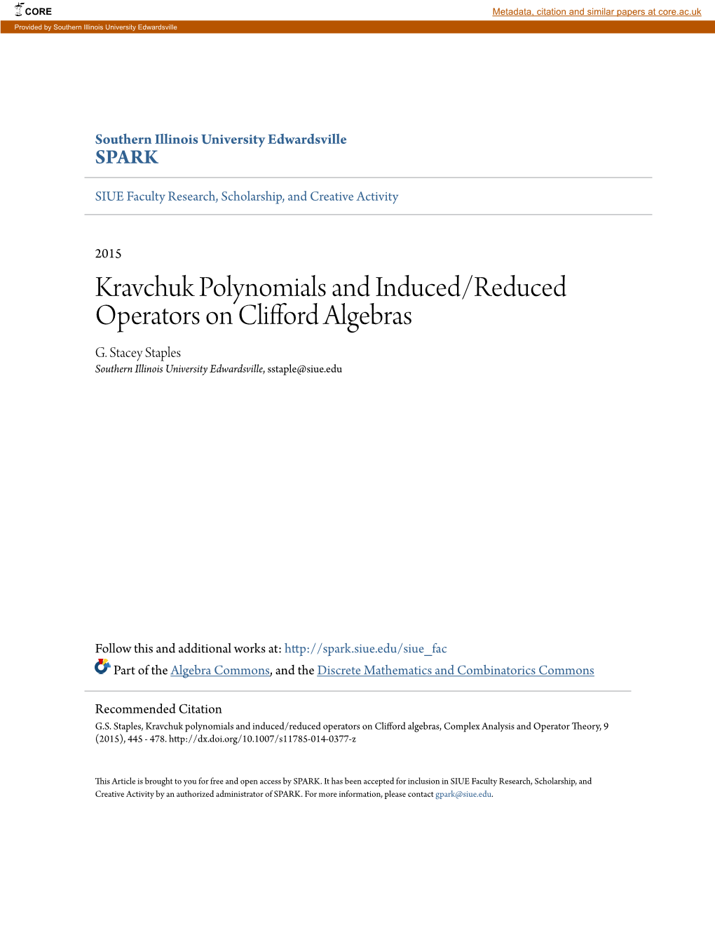 Kravchuk Polynomials and Induced/Reduced Operators on Clifford Algebras G