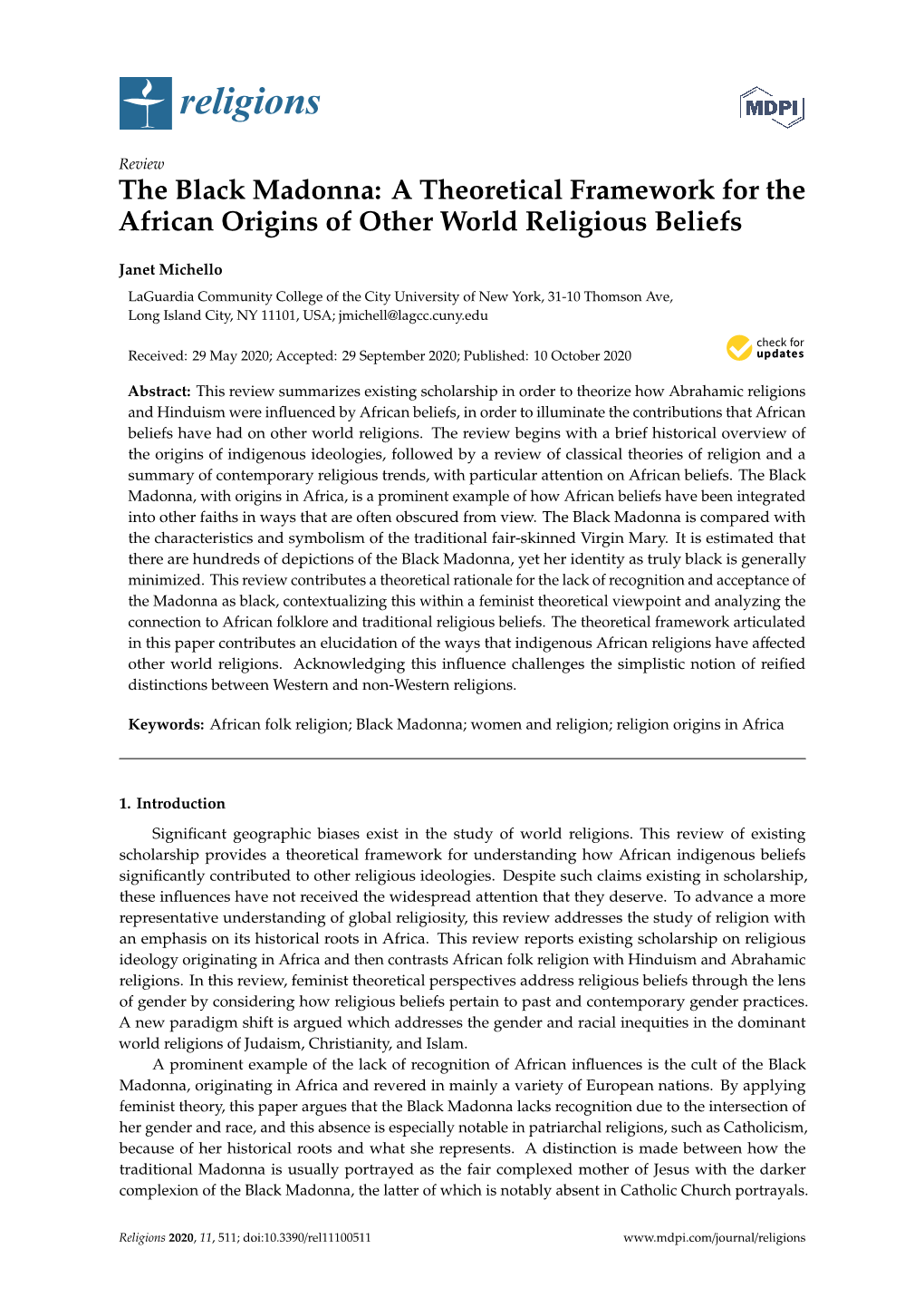 The Black Madonna: a Theoretical Framework for the African Origins of Other World Religious Beliefs