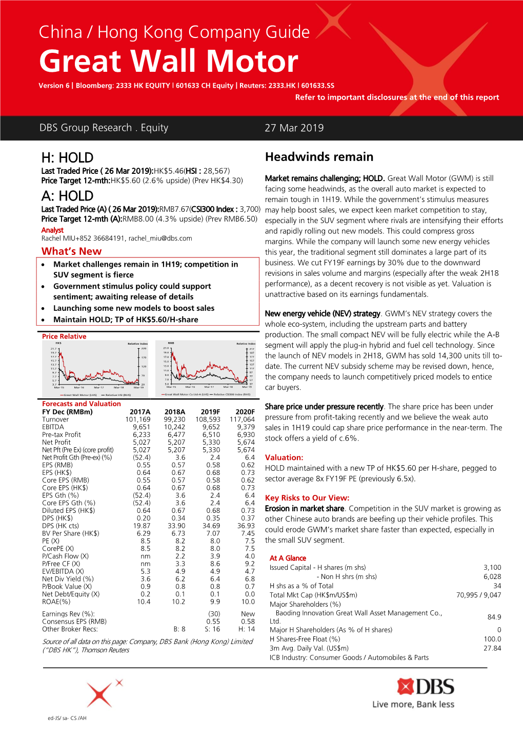 Great Wall Motor Version 6 | Bloomberg: 2333 HK EQUITY | 601633 CH Equity | Reuters: 2333.HK | 601633.SS Refer to Important Disclosures at the End of This Report