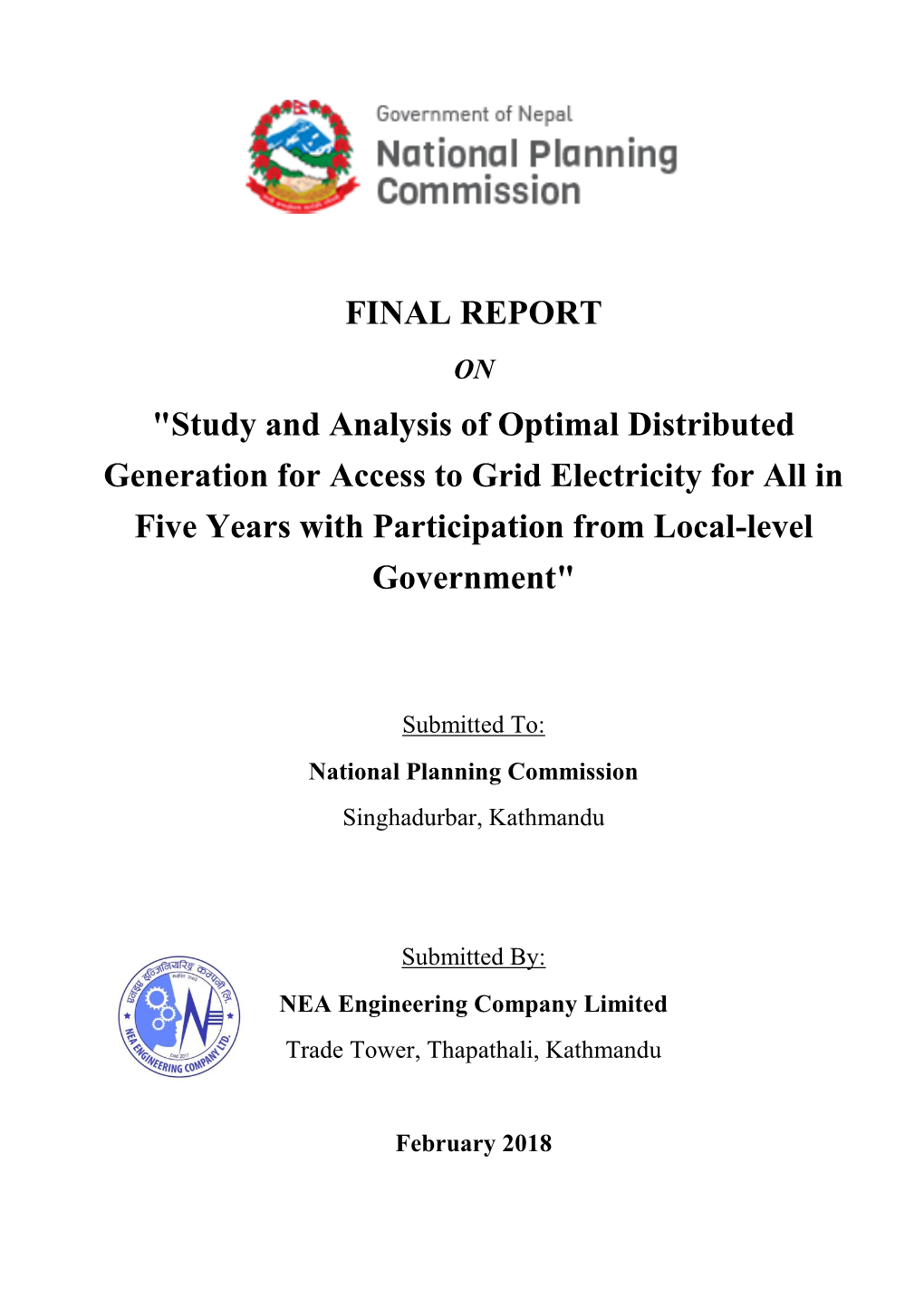 Study and Analysis of Optimal Distributed Generation for Access to Grid Electricity for All in Five Years with Participation from Local-Level Government"