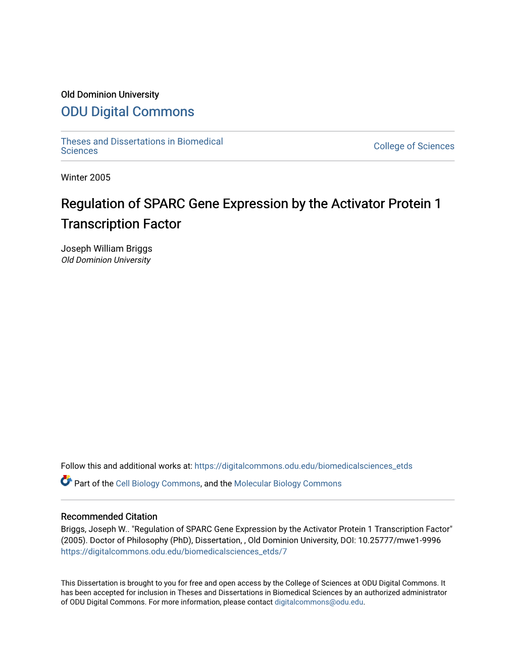 Regulation of SPARC Gene Expression by the Activator Protein 1 Transcription Factor