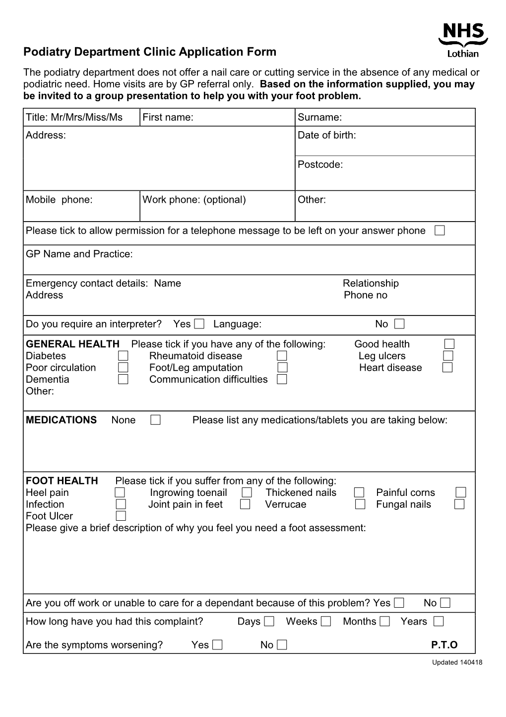 Podiatry Clinic Application Form 211015