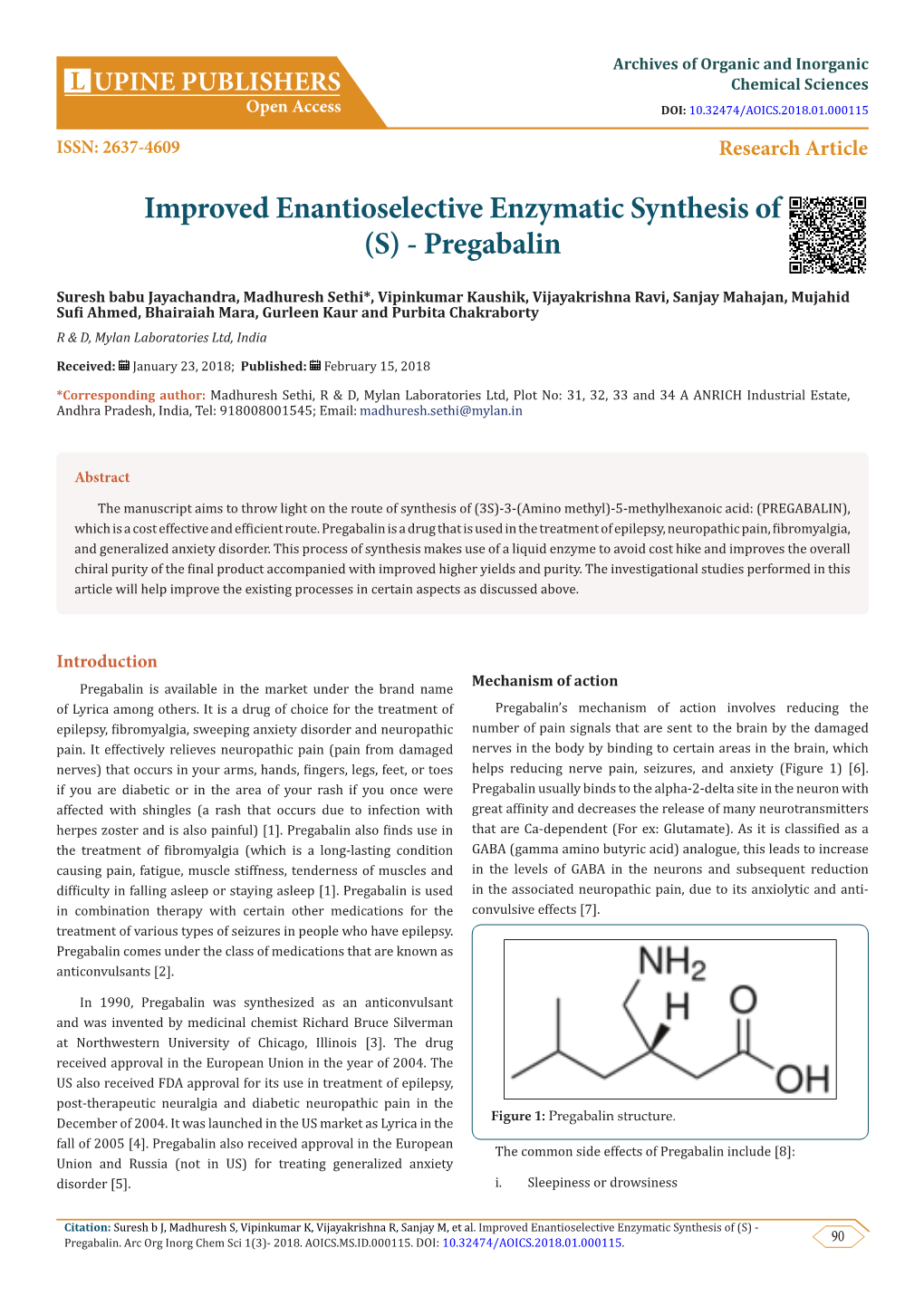 Improved Enantioselective Enzymatic Synthesis of (S) - Pregabalin