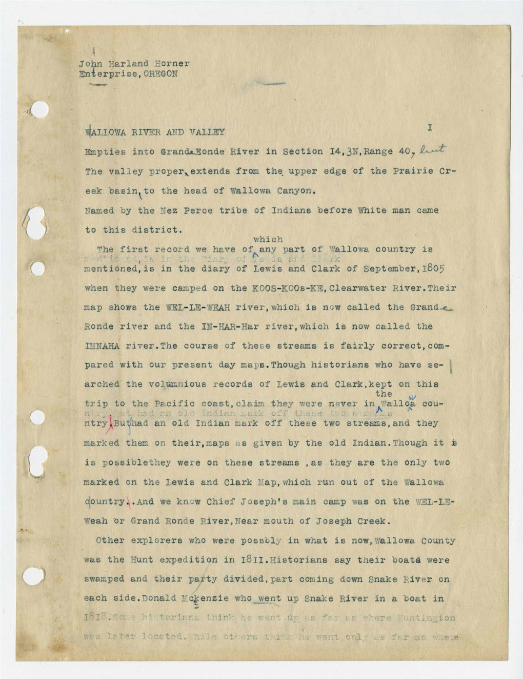 John Harland Horner Enterprise, OREGON Wallowa RIVER and VALLEY 1 Empties Into Grand Ronde River in Section 14,3N,Range 407
