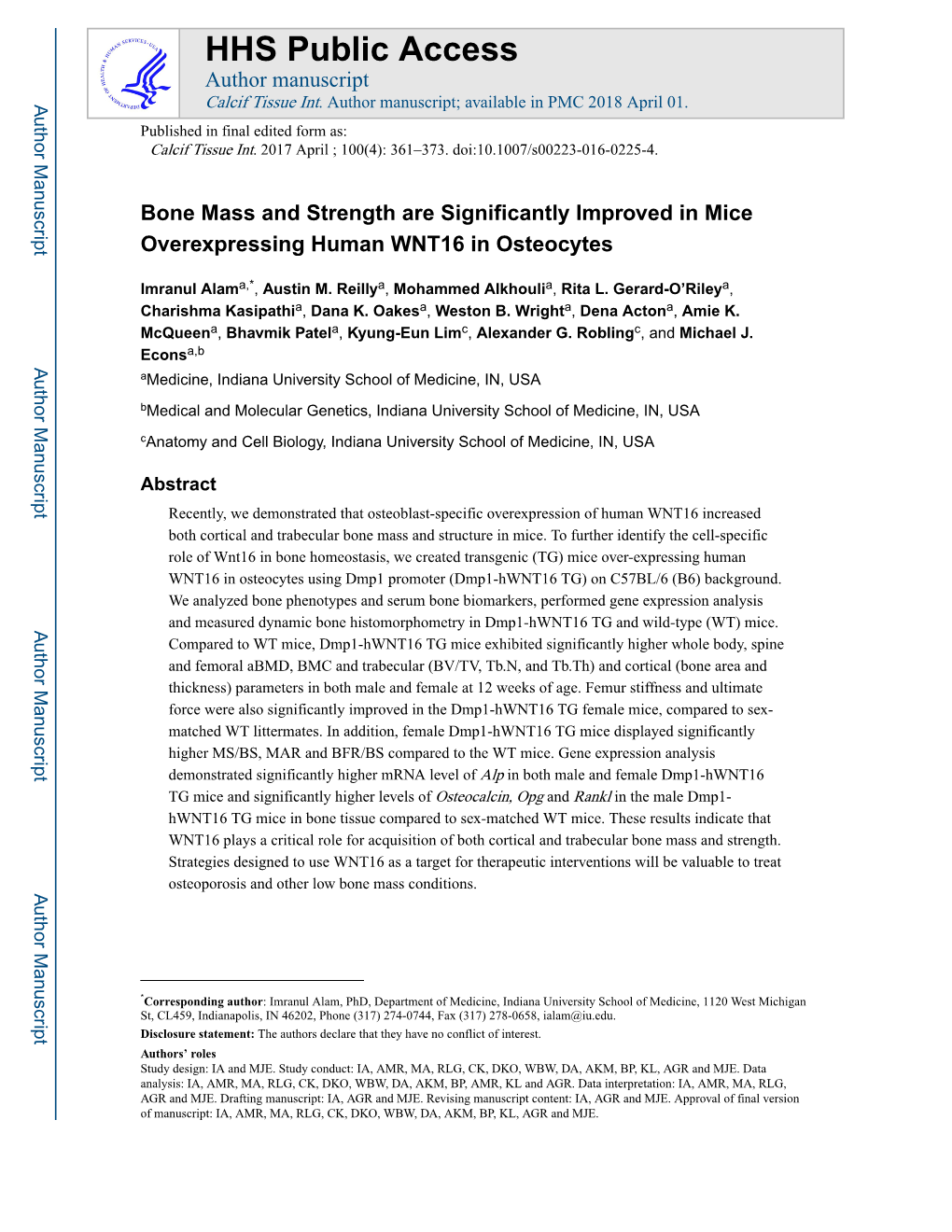 Bone Mass and Strength Are Significantly Improved in Mice Overexpressing Human WNT16 in Osteocytes