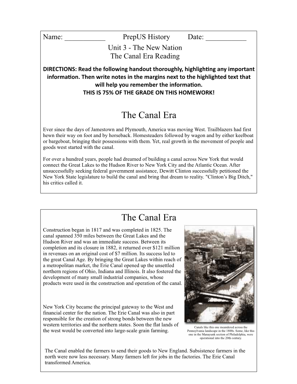 The Canal Era Reading and Questions