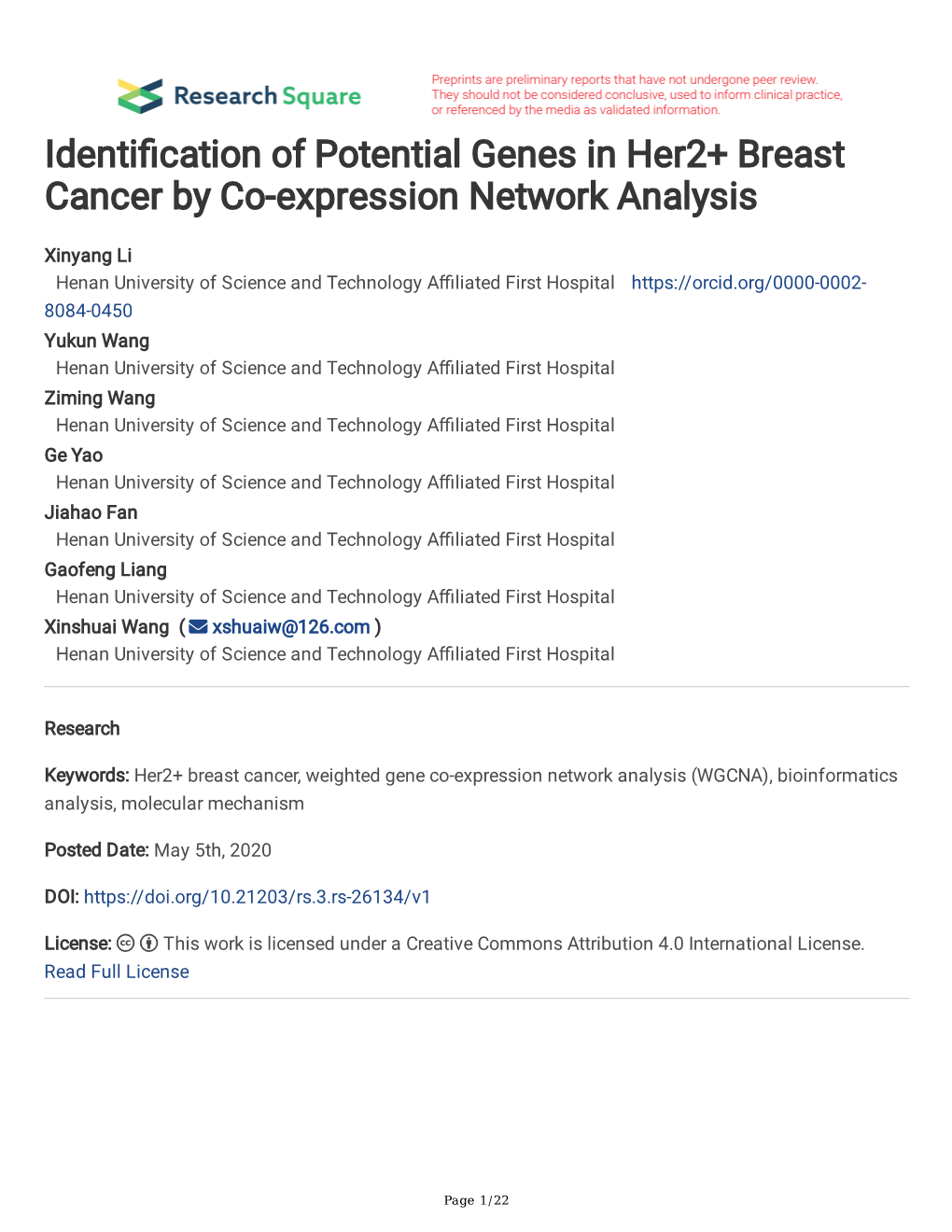 Identi Cation of Potential Genes in Her2+ Breast Cancer by Co