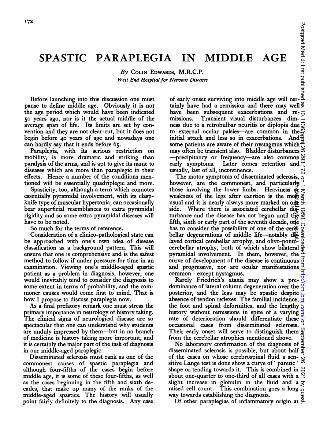 SPASTIC PARAPLEGIA in MIDDLE AGE by COLIN EDWARDS, M.R.C.P